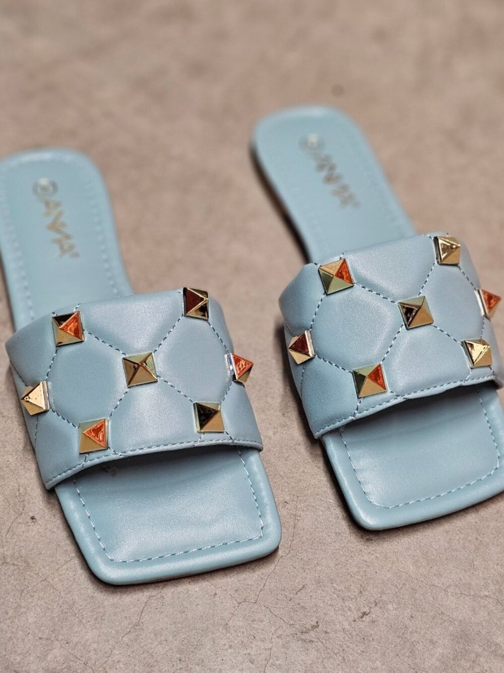 Quilted Sky Blue Slide Sandals With Gold Studs Square Toe Casual Flat Design For
